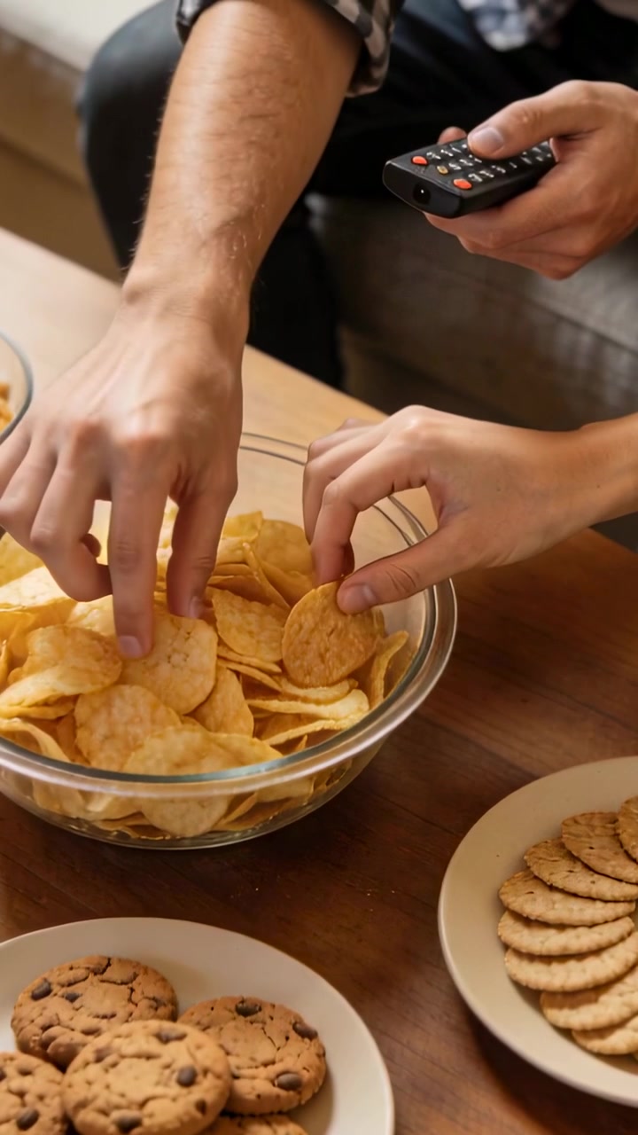 Vídeo vertical: Dois amigos pegando batatas fritas de uma tigela de vidro na mesa de centro, segurando o controle remoto da TV.