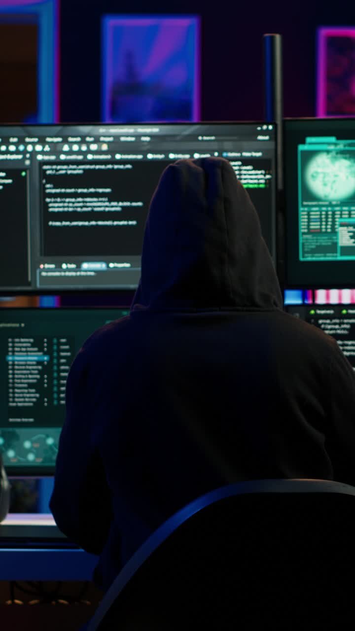 Hacker di video verticali che arriva al quartier generale sotterraneo, pronto per iniziare a scrivere malware