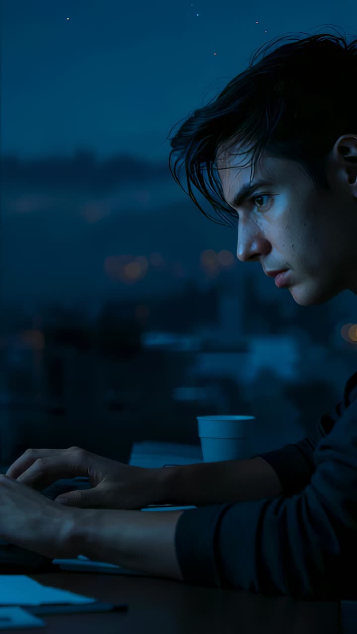Vertical video: Typing man in dark sweater at desk by window at night keyboard deadline, copy space