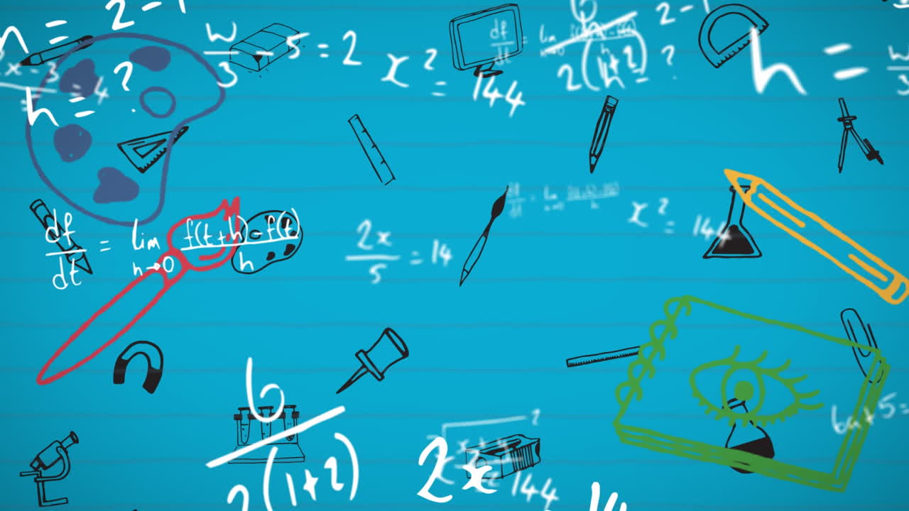 ⁇  줄로 된 종이에 있는 학교 개념 아이콘에 대한 수학 방정식의 디지털 애니메이션