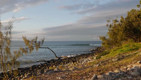 Distant View Of People Enjoying Surfing Activity At Little Cove Beach In Queensland, Australia