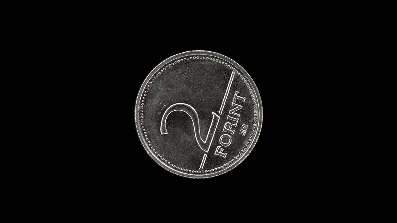 Hungary 2 forint 2000 reverse with denomination and minimalist layout, macro loop on black background