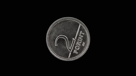 hungary 2 forint 2000 reverse with denomination and minimalist layout, macro loop on black background