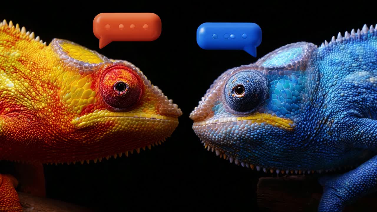 Dynamic Dialogue: Two Chameleons Engaged in Colorful Communication, Showcasing Vibrant Colors and Intricate Patterns Amidst a Dark Background, Captivating Nature's Subtle Interactions