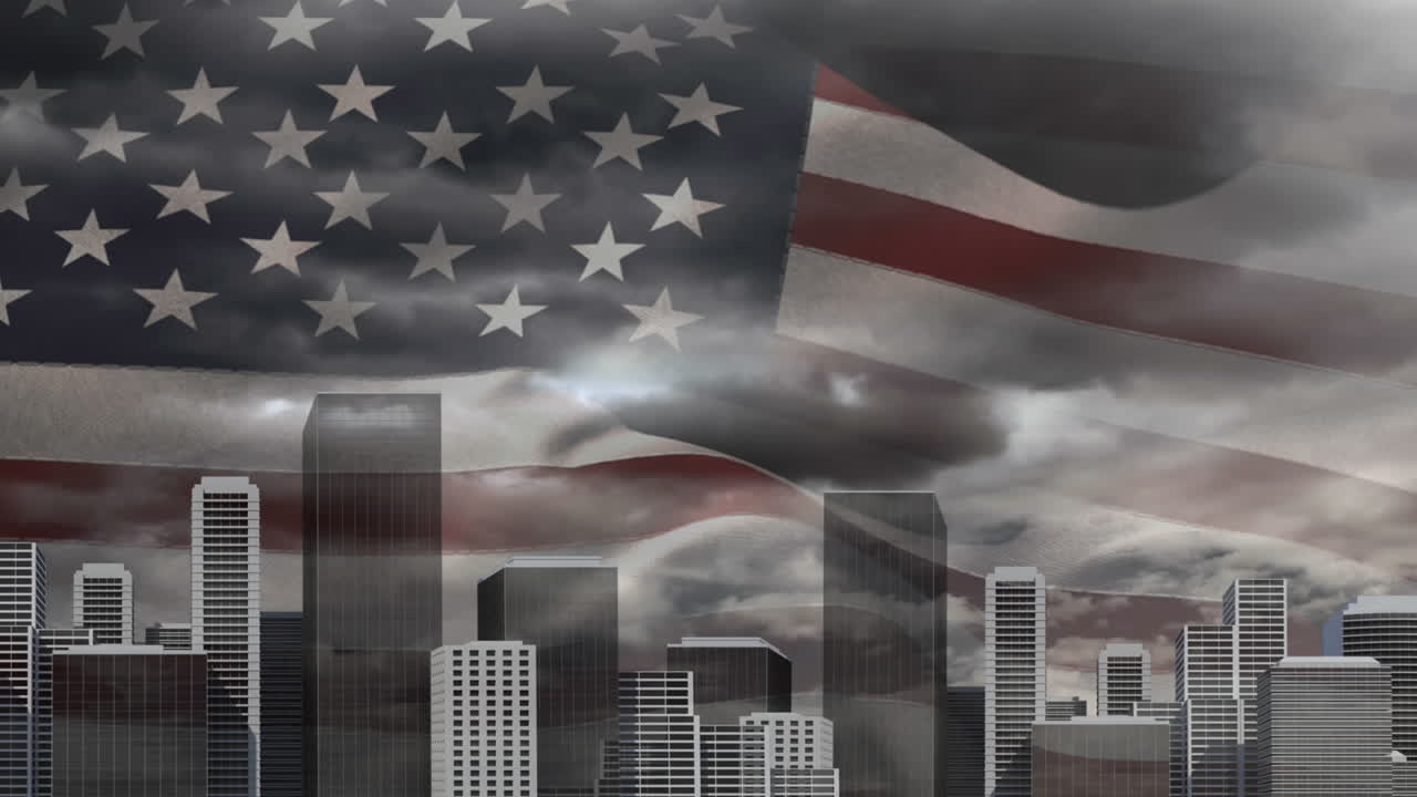 Animazione digitale della bandiera americana che sventola dietro lo skyline della città 4K