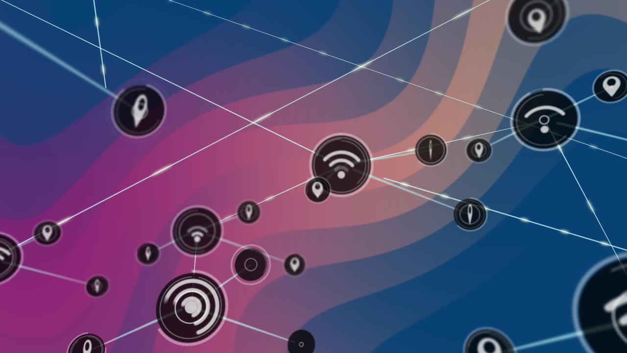 Animation of wi-fi and pinpoint connected icons over wave pattern against blue background