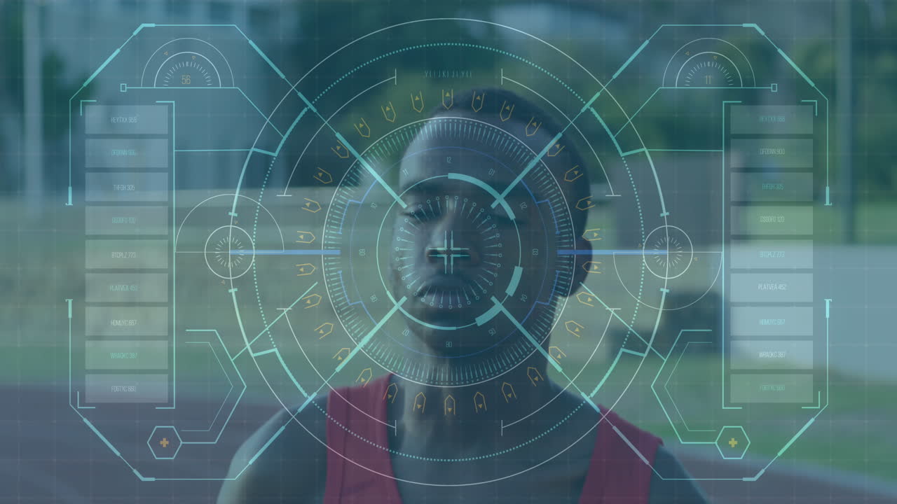Animation of digital data processing over male athlete jumping
