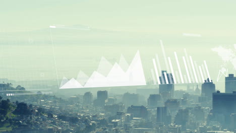 animation of financial data processing over cityscape