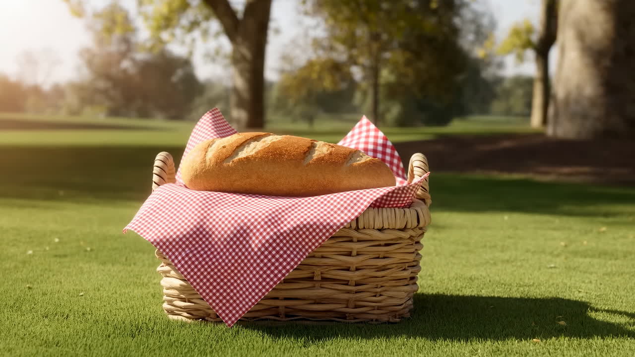 Cesto da picnic illuminato dal sole con pane croccante su un tovagliolo a quadri, posato sull'erba verde di un parco sotto querce, luce dorata calda.