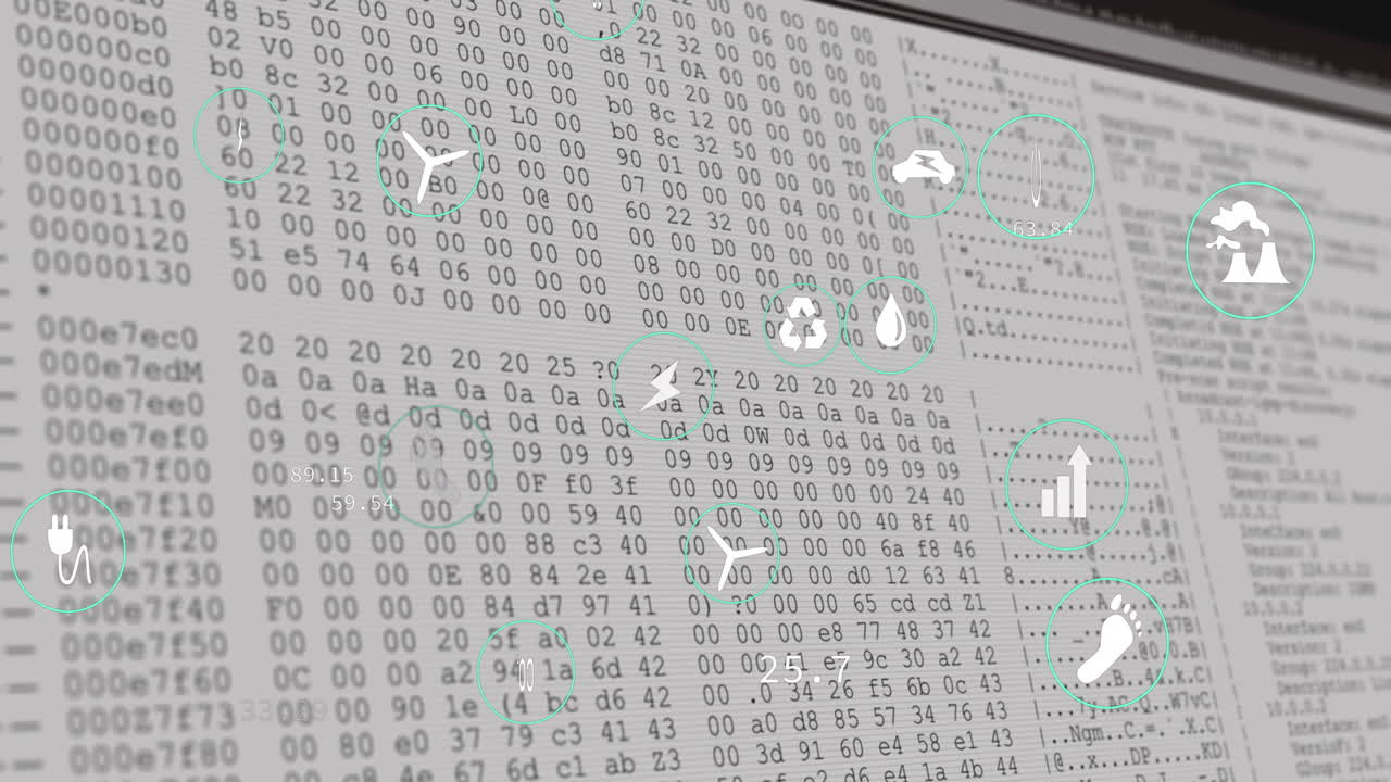 animación de múltiples iconos digitales sobre el procesamiento de datos en la pantalla de la computadora.