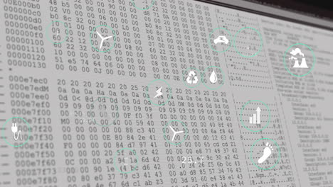 animación de múltiples iconos digitales sobre el procesamiento de datos en la pantalla de la computadora.