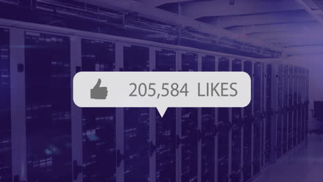 thumbs up and 173,317 likes animation over server racks in data center