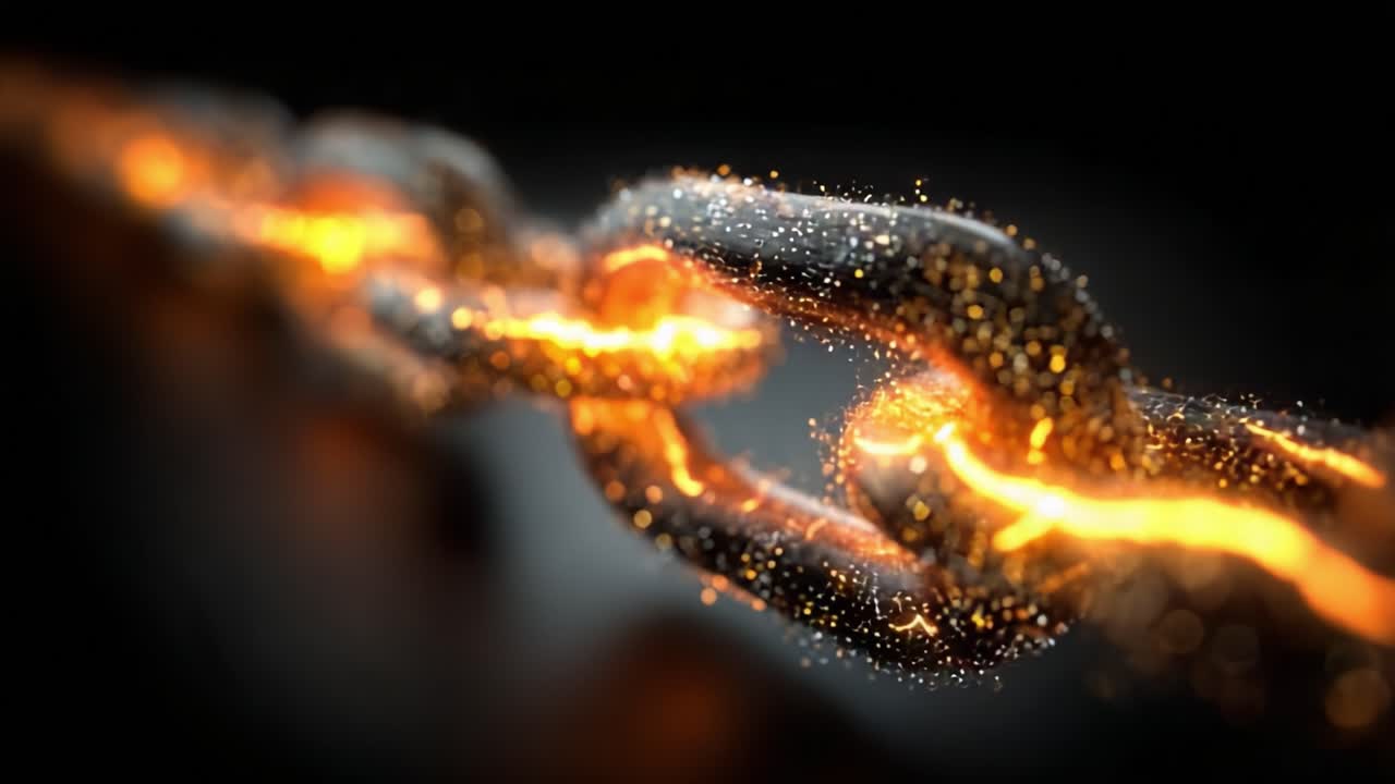 Glowing Chain Links Highlighted by Ethereal Sparks, Illustrating Strength and Connection in a Dramatic Visual Display of Energy and Motion