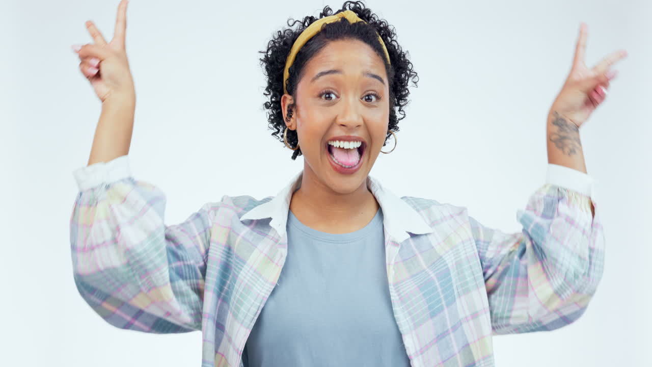 Face, smile and woman with peace sign