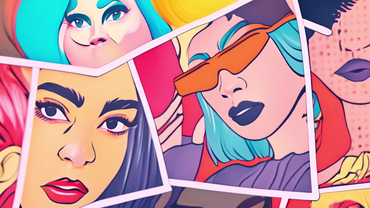 retratos coloridos de mujeres con cabello vibrante y maquillaje, animación superpuesta con líneas en negrita