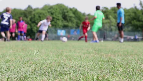 Niños-Jugando-Al-Fútbol-En-Un-Parque,-Enfoque-Superficial