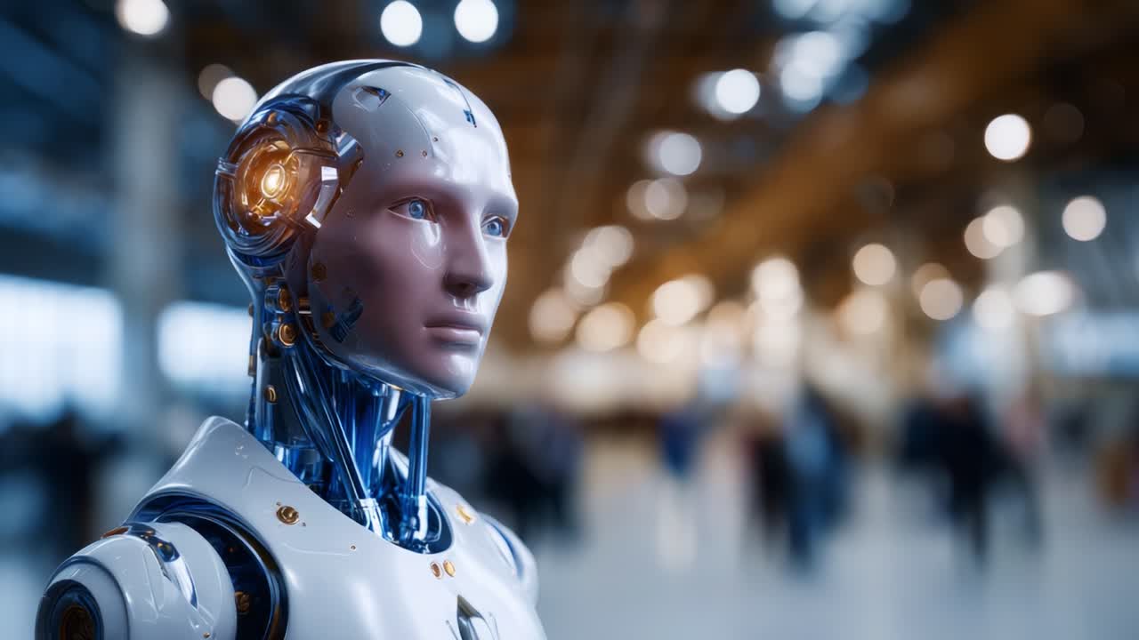 A Futuristic Robot with an Illuminated Head Displaying Advanced Technology, Set Against a Blurred Background in a Dynamic and Modern Environment