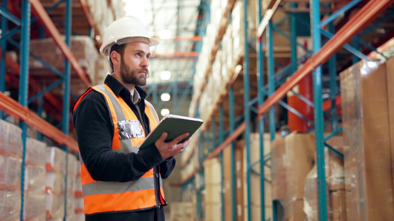 Magazziniere con tablet che ispeziona l’inventario