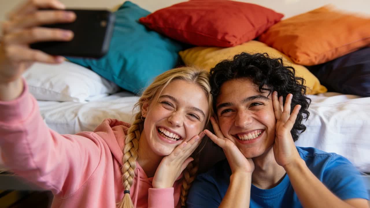 Un adolescente con una felpa rosa estende lo smartphone, scattando selfie con un amico/a in maglietta blu in camera da letto.