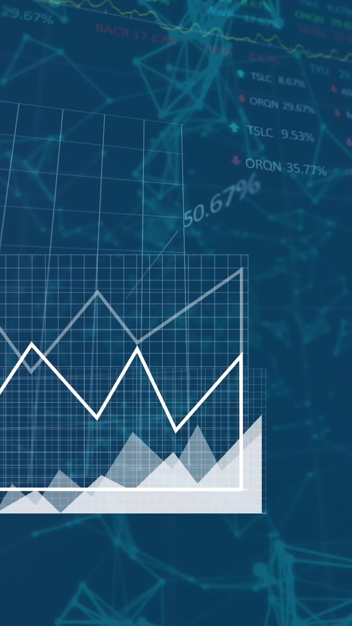 Animazione di icone multiple, grafici e tabelloni di trading e icone connesse su sfondo astratto