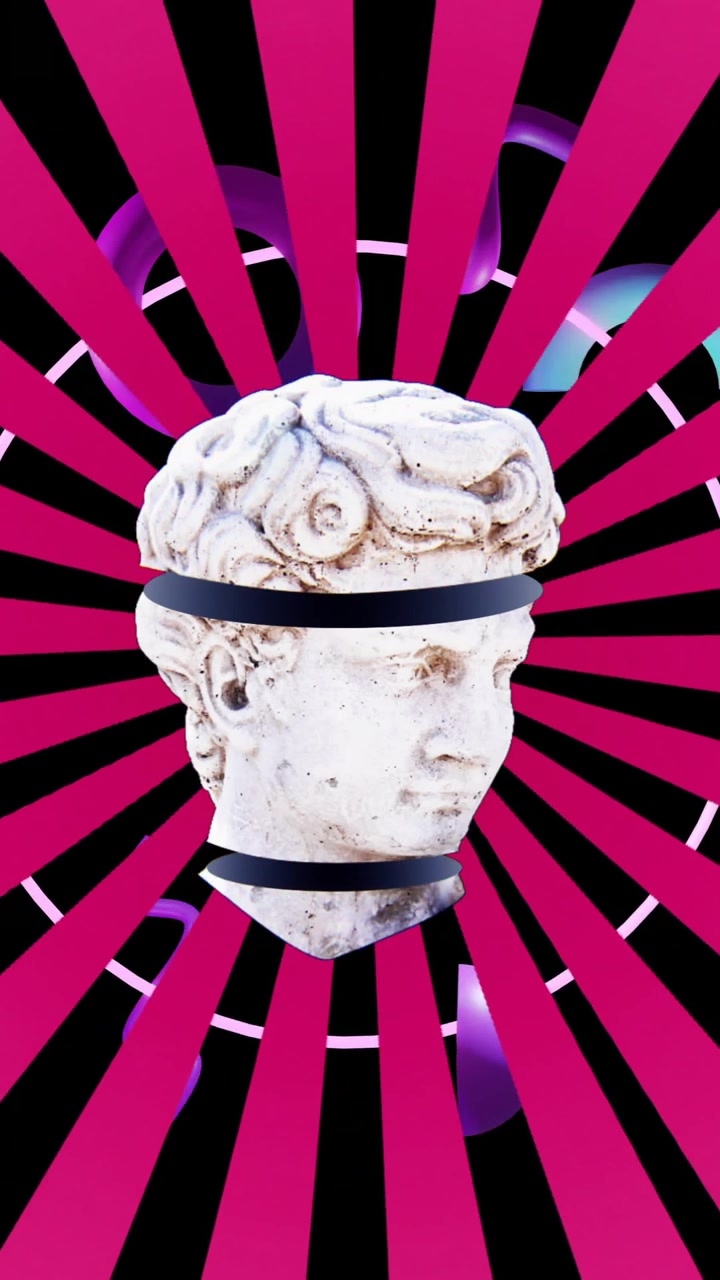 Animazione di forme viola e rosa in movimento su sculture su sfondo nero