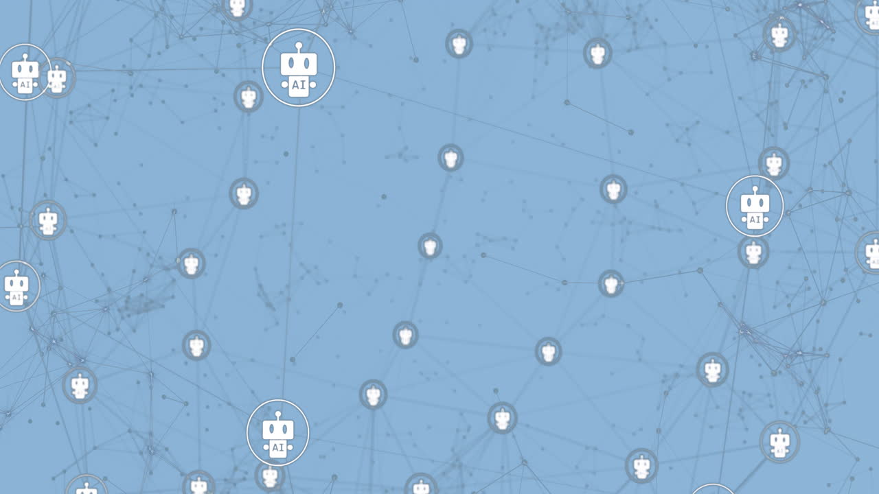animación de iconos de robots en círculos que se mueven sobre un fondo azul