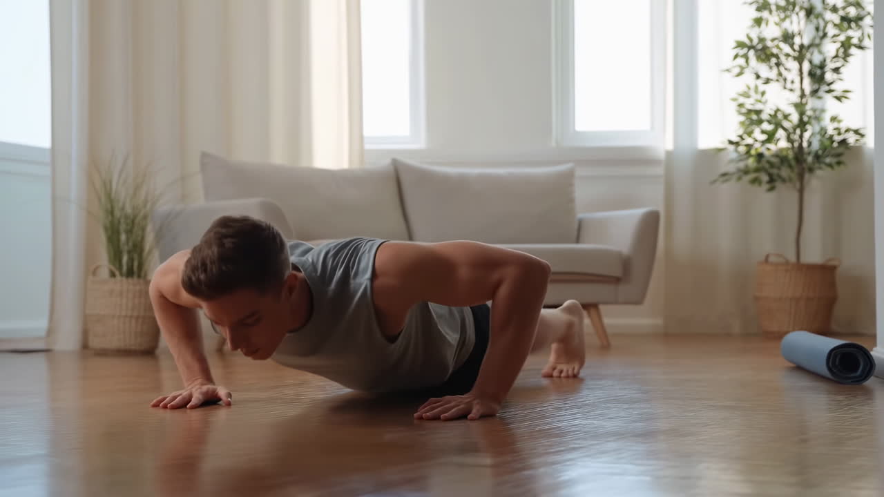 Young Man Doing Push-ups on Wooden Floor at Home