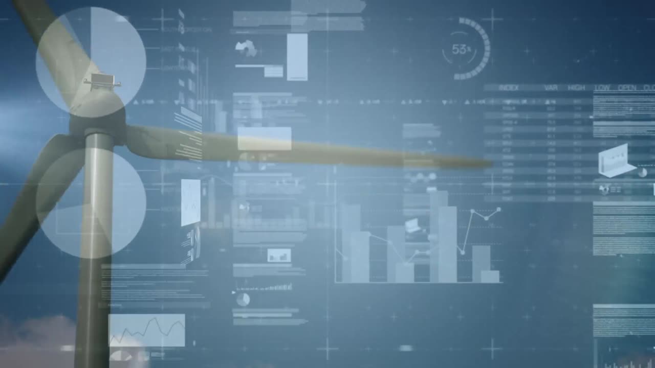 푸른 하늘의 풍차 회전과 구름에 대항하여 통계적 데이터 처리의 복합 비디오