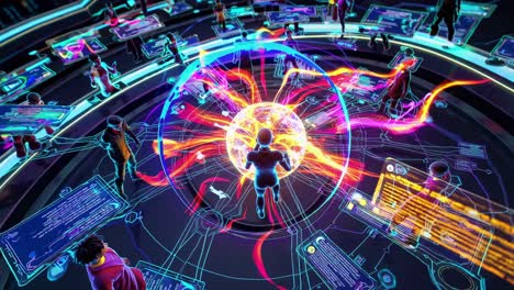 colaboración virtual global en un entorno futurista
