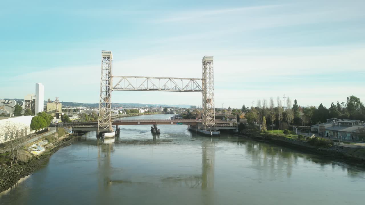 Aerial drone footage captures the Miller Sweeney Bridge in Alameda, California.