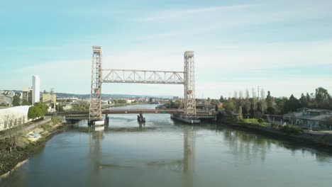 aerial drone footage captures the miller sweeney bridge in alameda, california.
