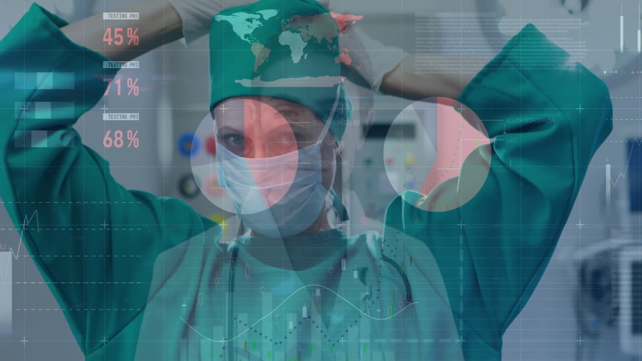 Animation of statistics and data processing over caucasian female surgeon