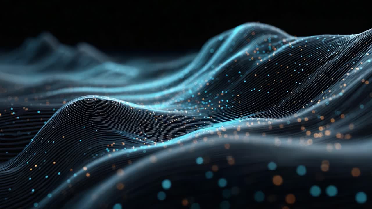A Stunning Visualization of Dynamic Waves and Vibrant Light Particles Creating an Ethereal Pattern Across an Abstract Landscape