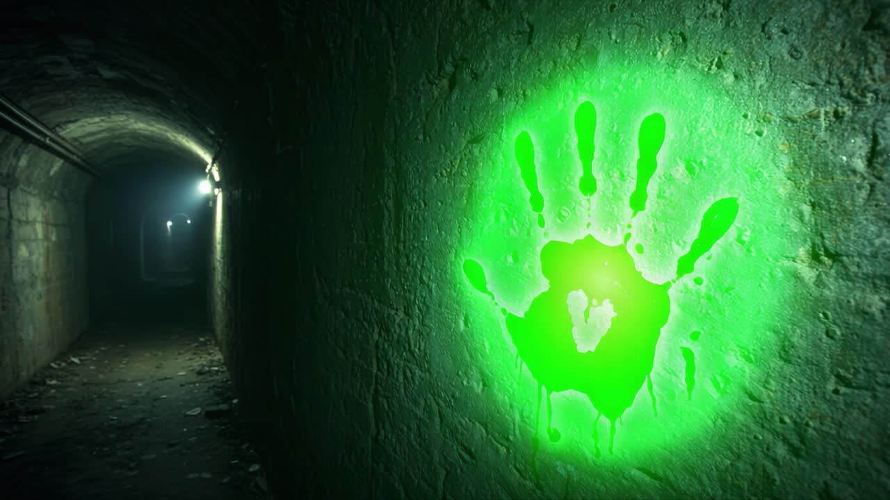 Eerie Dark Tunnel with Mysterious Handprint Illuminated by Glowing Green Light, Creating an Unsettling Atmosphere of Intrigue and Suspense in an Abandoned Space