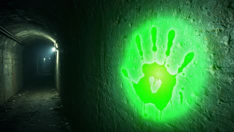 eerie dark tunnel with mysterious handprint illuminated by glowing green light, creating an unsettling atmosphere of intrigue and suspense in an abandoned space