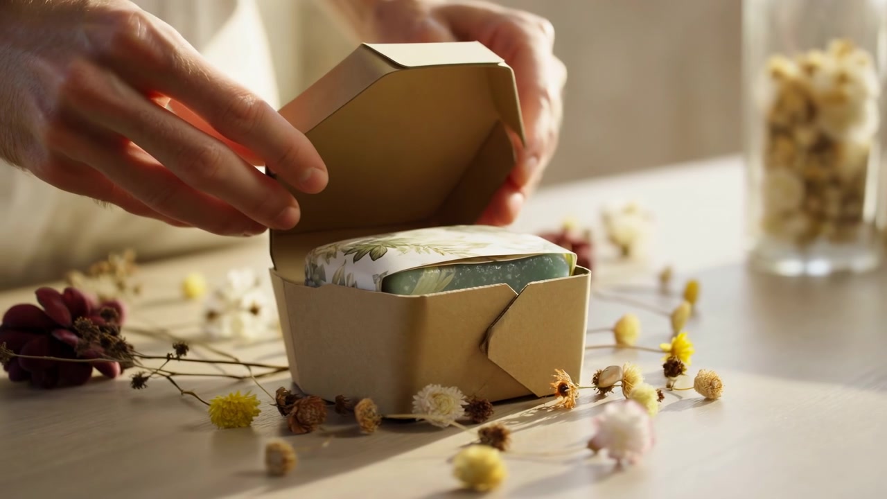 Adult hands lift lid of small kraft paper gift box to reveal patterned wrapped item inside, fingers steady on edges and base, with dried flowers, warm side light, and gentle product reveal