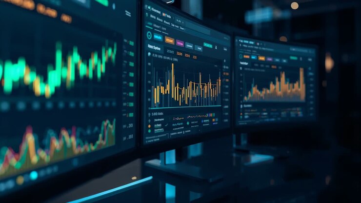 Starting with blurred screen, camera zooming on curved monitors at desk, revealing market data