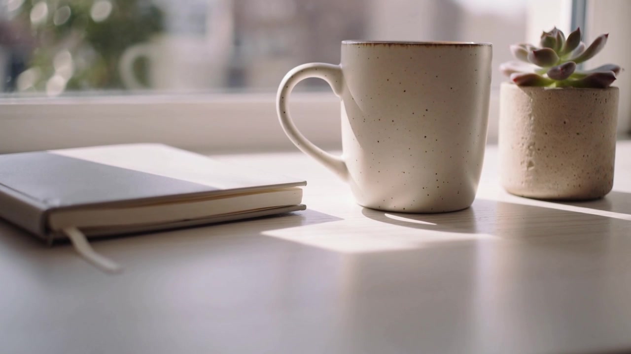 Moving camera slowly zooming toward desk by window framing speckled mug journal succulent
