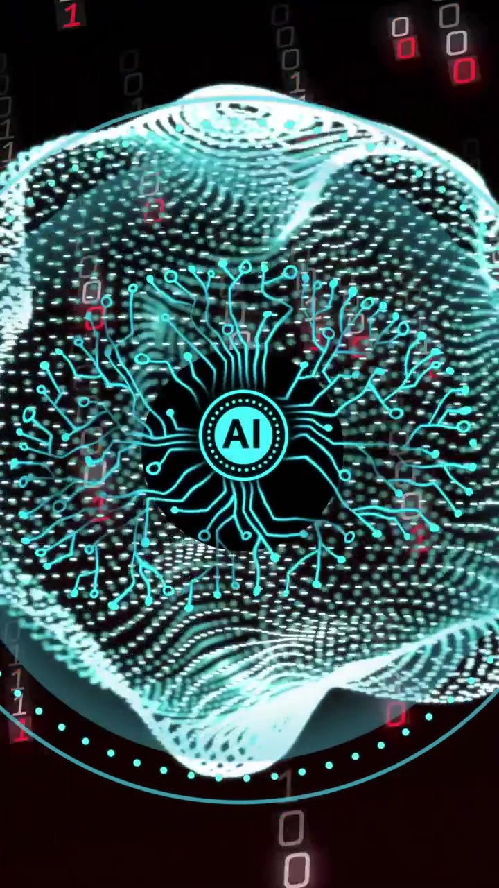 Animazione di rete neurale AI su codice binario e icone di comunicazione digitale