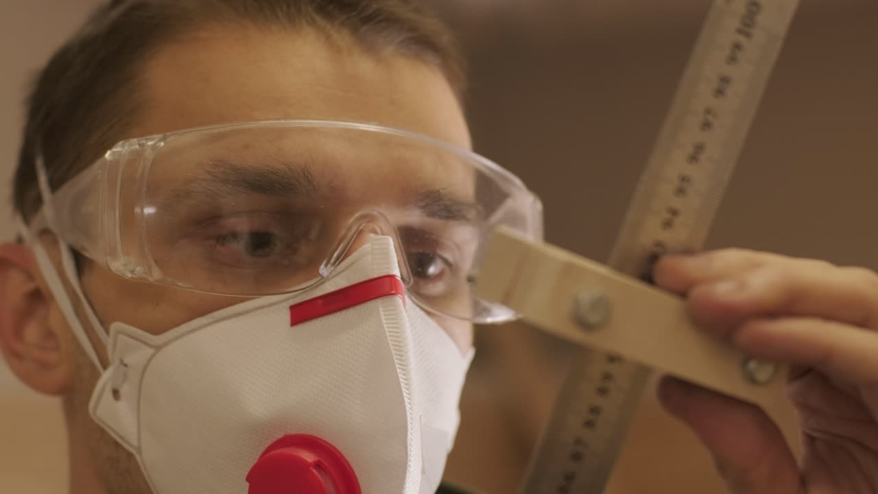 carpintero profesional trabajador con máscara y gafas sosteniendo una regla