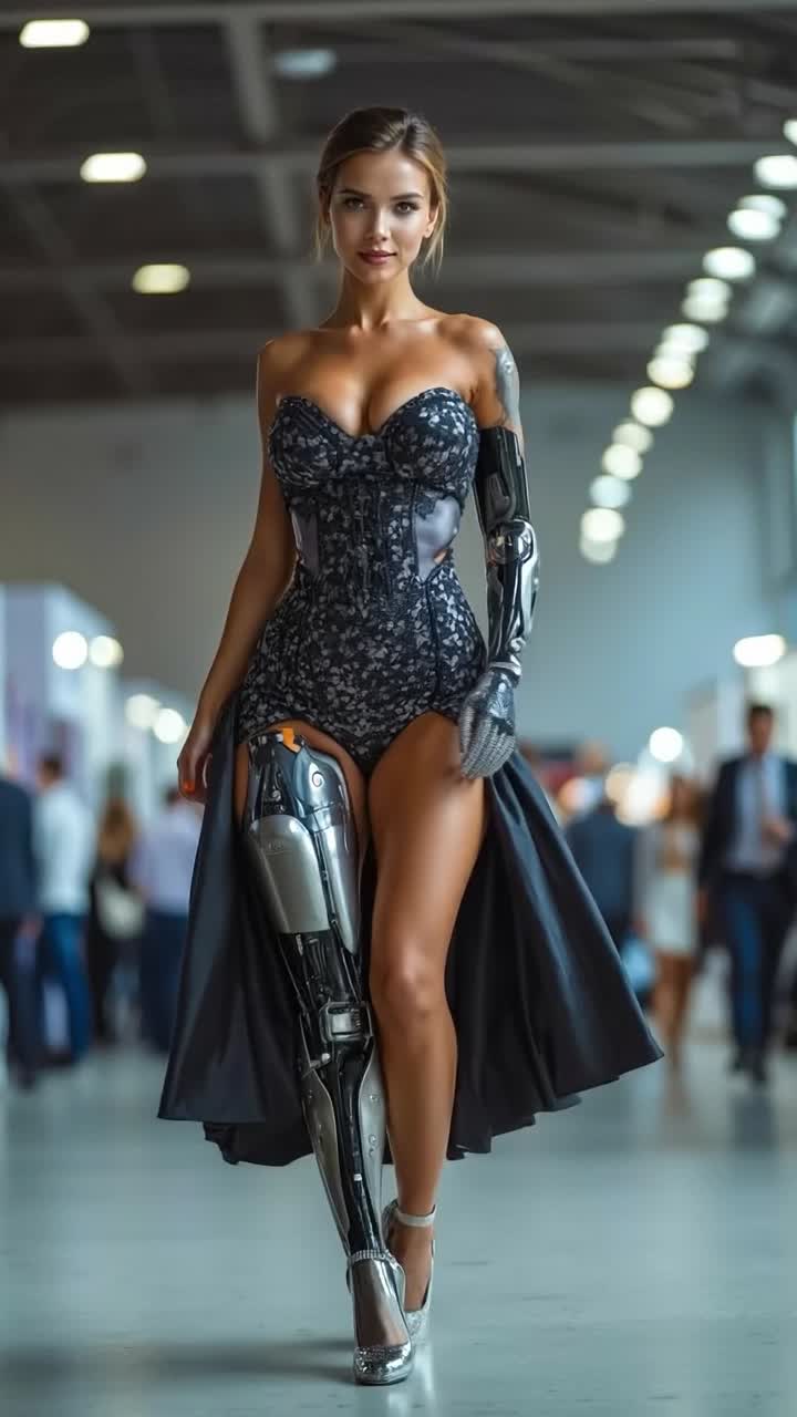 Mujer futurista caminando con seguridad en una exposición de tecnología con una pierna robótica