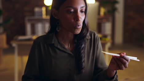 night, fast food and business with woman in office