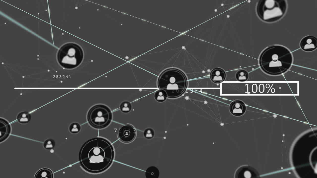 animación de la barra de porcentaje de carga sobre la red de conexiones e iconos de perfil sobre fondo gris