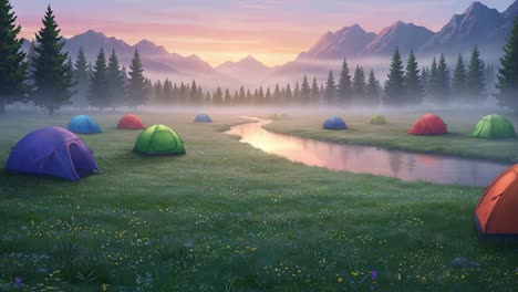 a tranquil campsite at dawn: colorful tents nestled amongst lush greenery and majestic mountains reflecting in the calm river waters