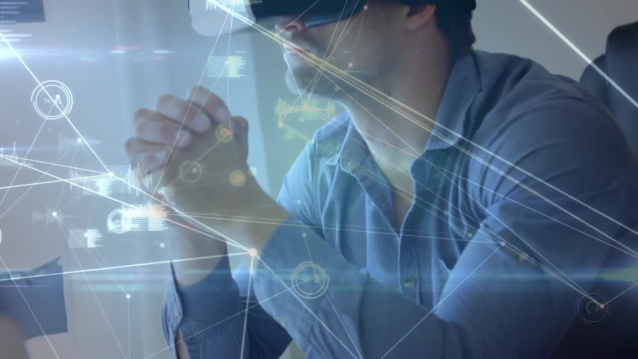 animación de una red de conexiones sobre un hombre de negocios caucásico con auriculares vr