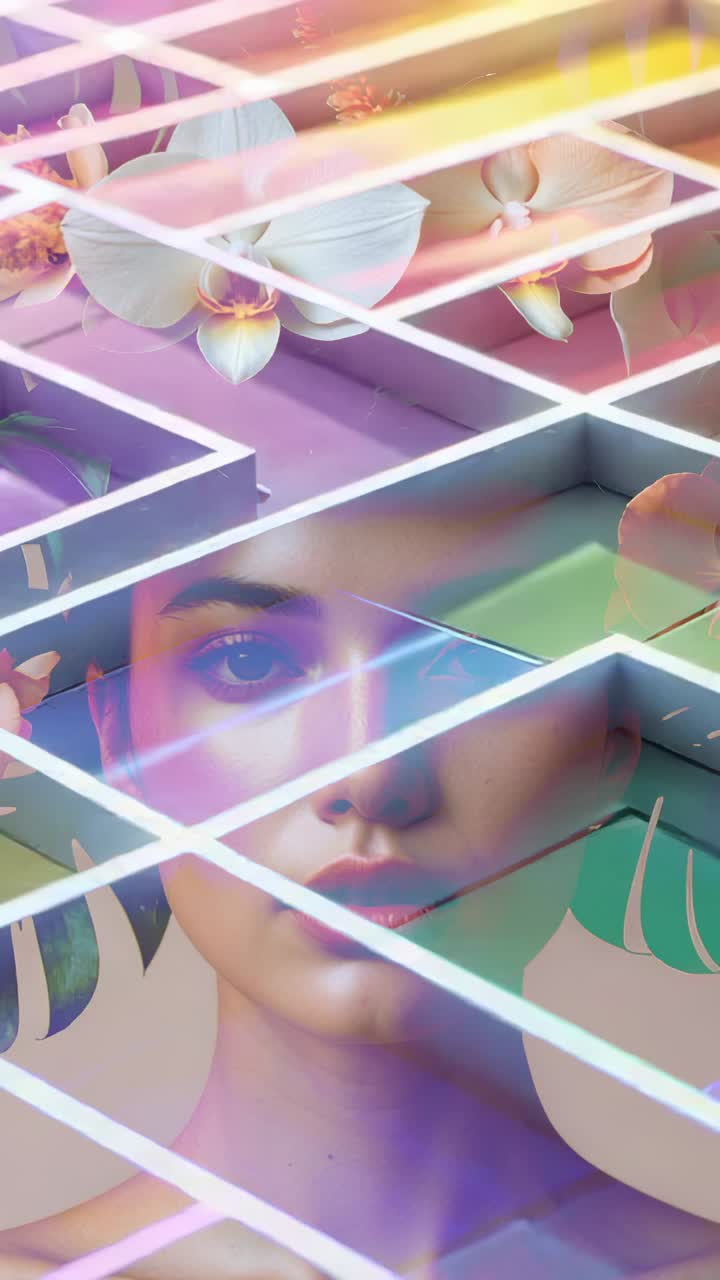 Vertical video: Starting white grid frames sliding over portrait in studio, revealing orchids