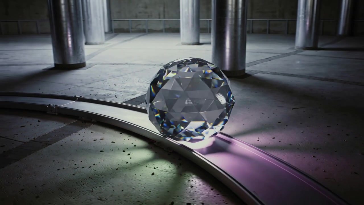 Gravity pulling faceted crystal sphere rolling on curved rail in concrete chamber, shifting hues