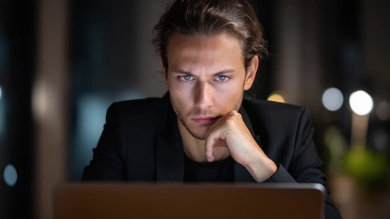 Contemplative man in a dark space, deep in thought while working on a laptop, highlighting focus and concentration amidst a serene nighttime environment.
