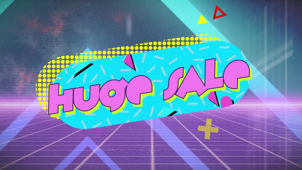 Animation of huge sale text over neon shapes on grey background