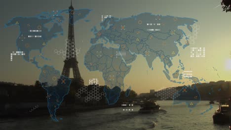 Animation-Der-Weltkarte-Und-Datenverarbeitung-über-Der-Pariser-Landschaft